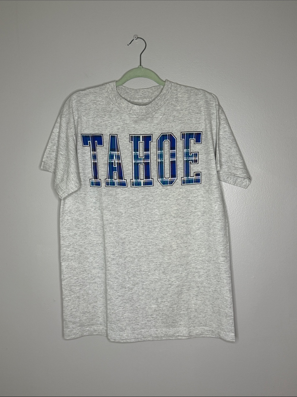 TAHOE Graphic Tee in Heather Gray with Blue Letters Size M/L